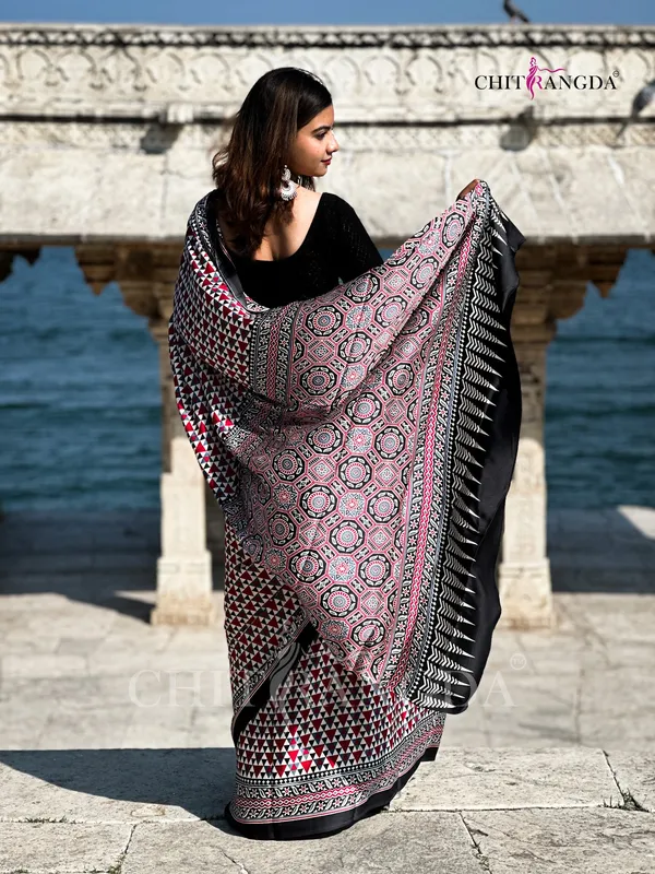 Black_And_Red_Trending_Ajrakh_Print_Semi_Modal_Silk_Saree_682007